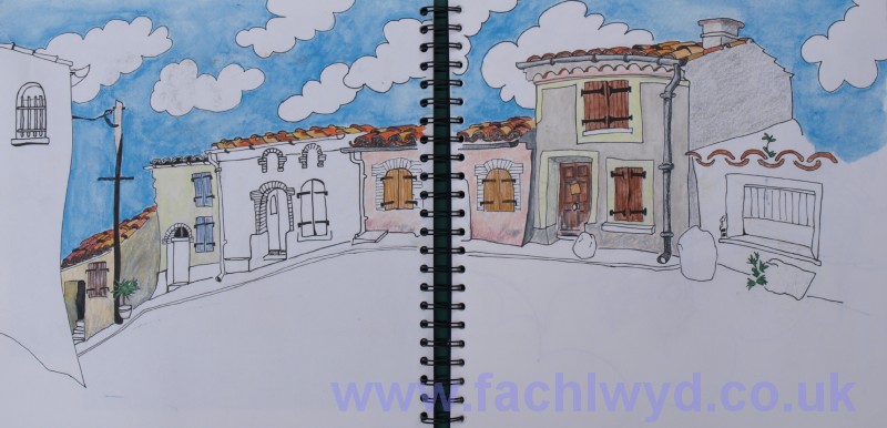 Sketch book image of Montclar village street in France by artist Martin Kaye