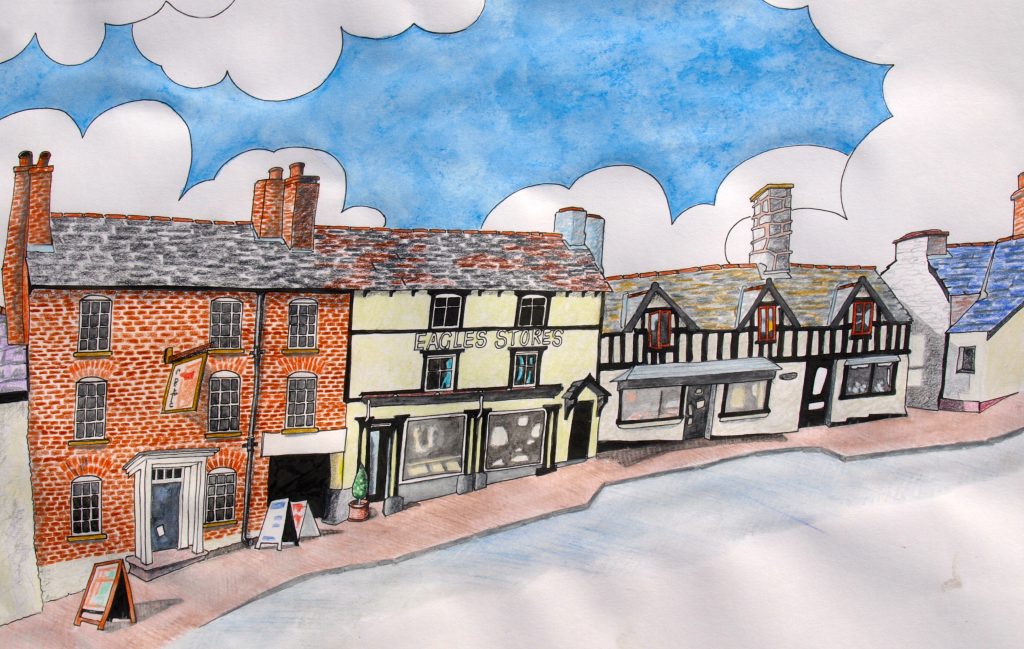 Mixed media drawing - Eagle Stores Ruthin